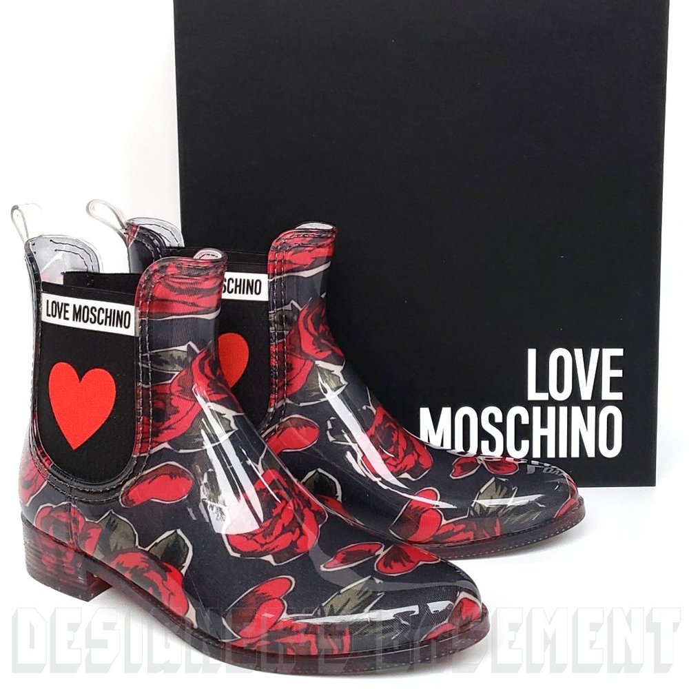 LOVE MOSCHINO rubber 40 - 9US black red ROSES & logo HEART ankle Rain Boots NIB - Picture 1 of 6